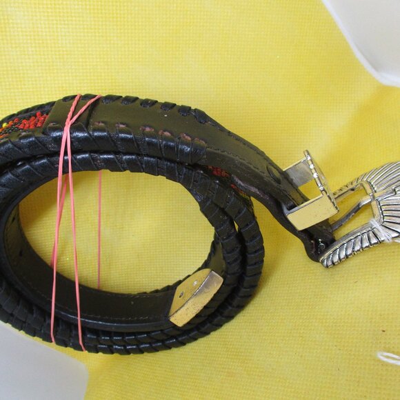 Seed Bead Black Genuine Leather Belt Silver Tone Buckle South Western Bead Bel5 - Picture 7 of 9